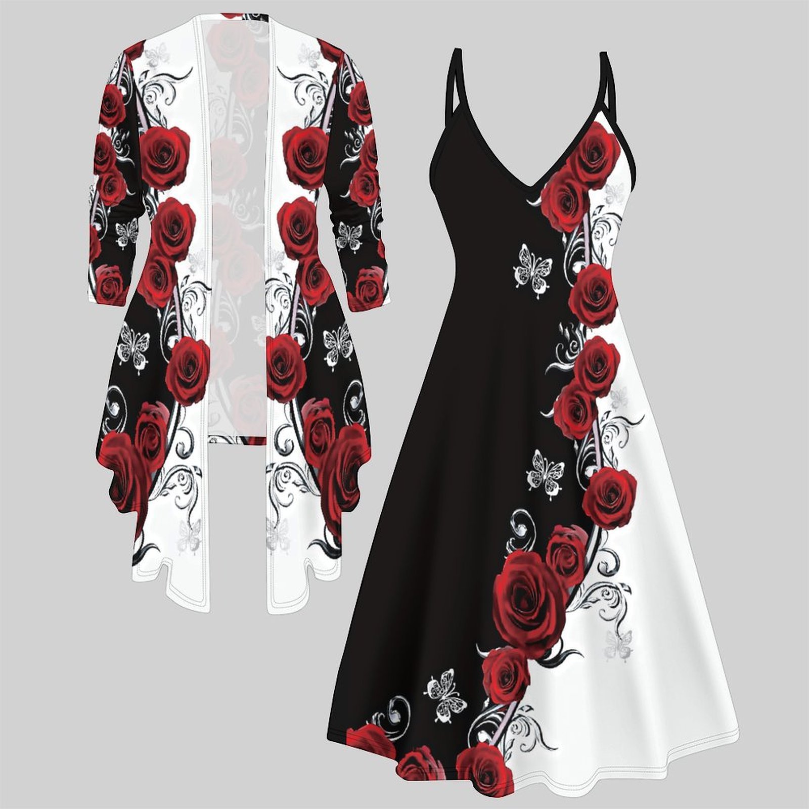 Winter Clothing Ladies - Bedrucktes Zweiteiler-Set Damen Midi-Kleid 3/4-Ärmel Strickjacke